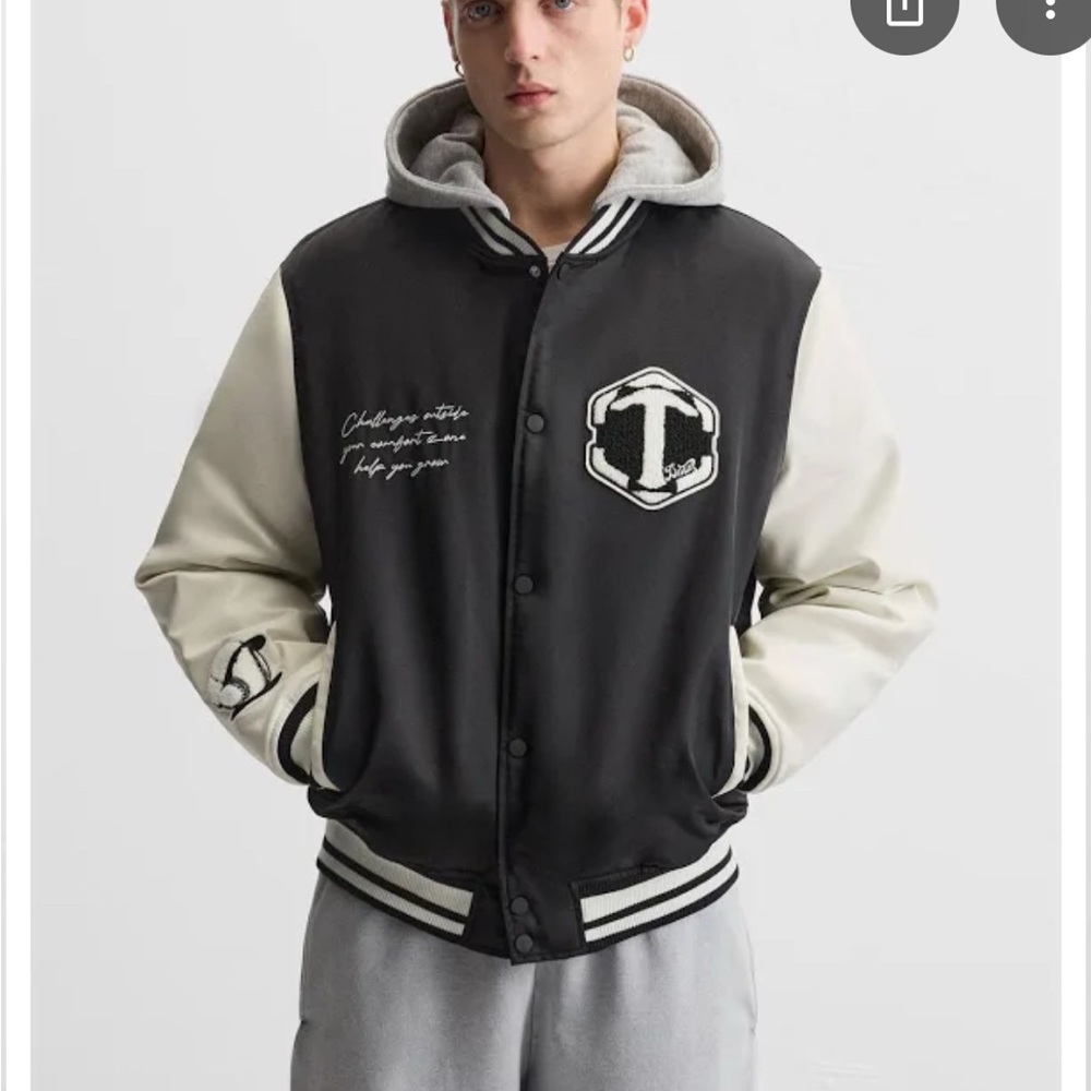 Zara Black and Cream Bomber Jacket with Varsity Style